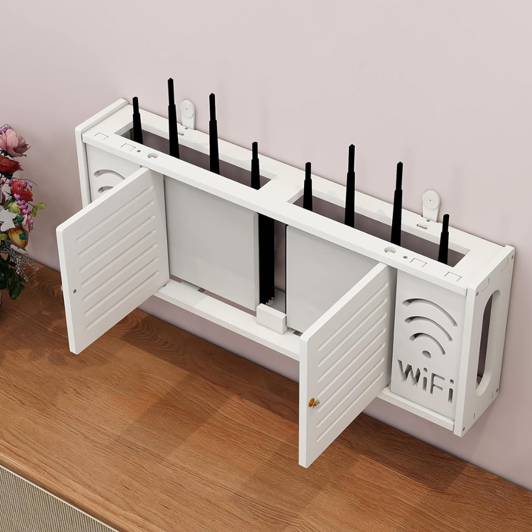 Ράφι Οργανωτής Τοίχου για Router WiFi - Μοντέρνα Βάση με Απόκρυψη Καλωδίων και Πριζών