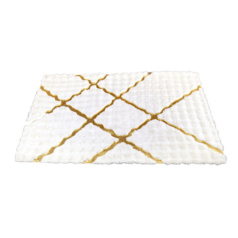 Χαλί Premium Τεχνητή Γούνα 3D Bubble 120x180cm - Λευκός Σχεδιασμός με Χρυσές Ρίγες