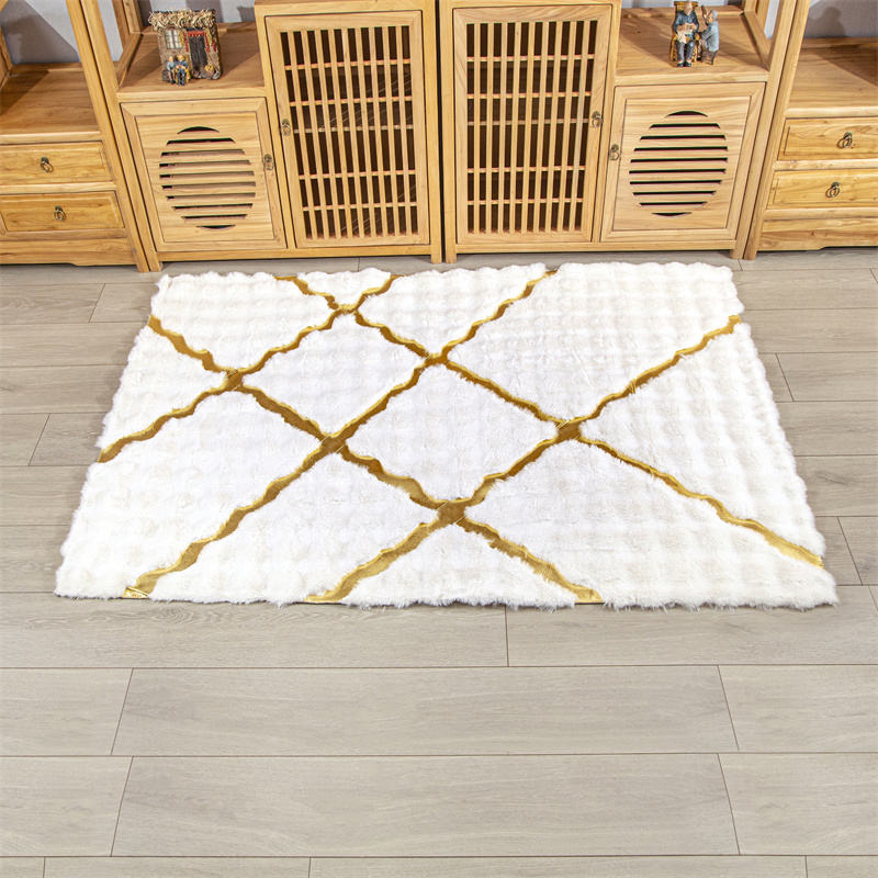 Χαλί Premium Τεχνητή Γούνα 3D Bubble 120x180cm - Λευκός Σχεδιασμός με Χρυσές Ρίγες