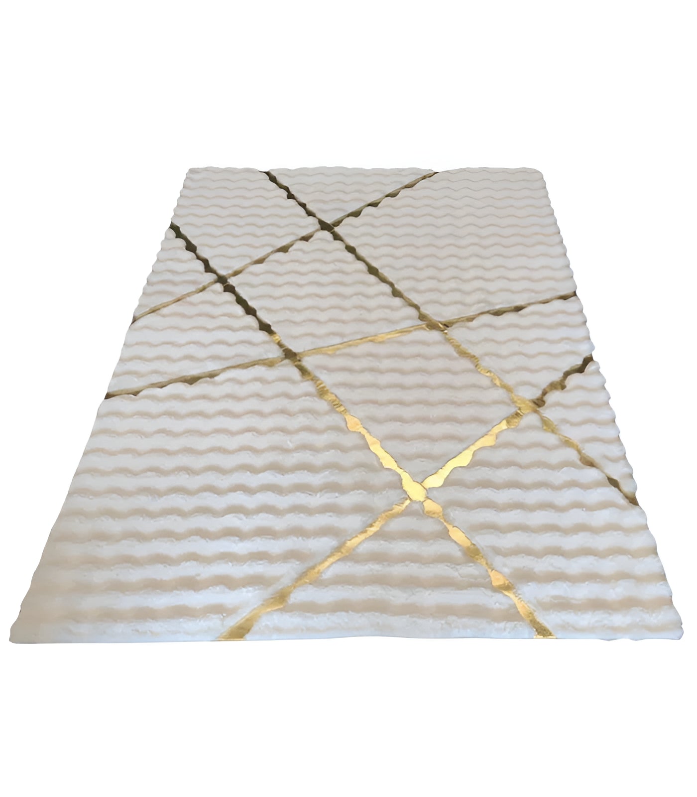 Χαλί Premium Τεχνητή Γούνα 3D Bubble 120x180cm - Λευκός Σχεδιασμός με Χρυσές Ρίγες