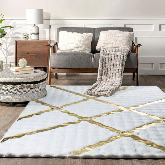 Χαλί Premium Τεχνητή Γούνα 3D Bubble 120x180cm - Λευκός Σχεδιασμός με Χρυσές Ρίγες