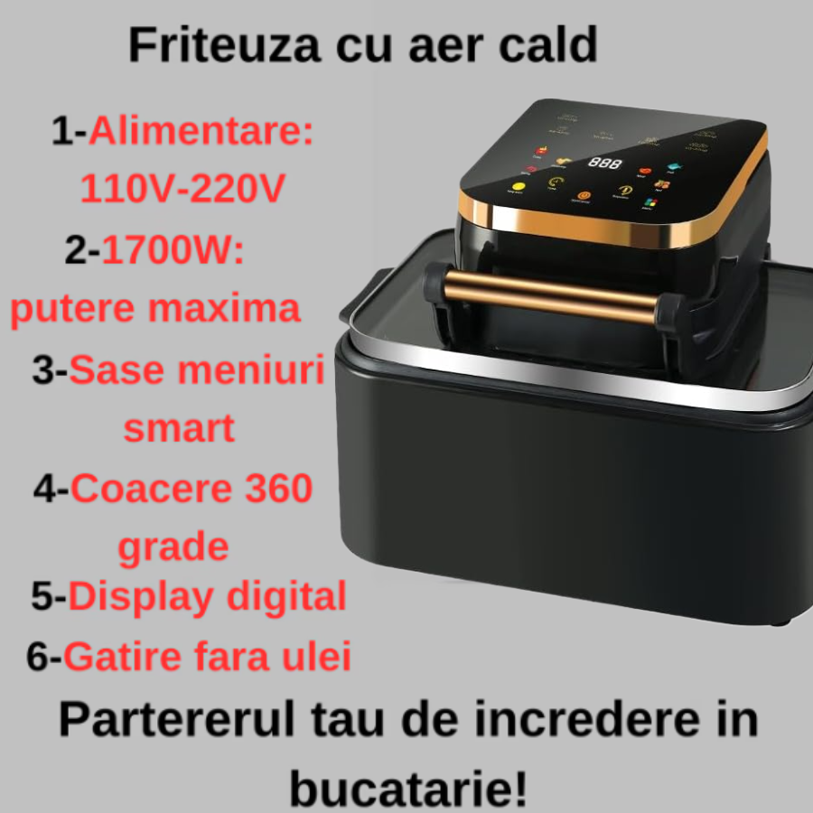 Ψηφιακή Φριτέζα Αέρος 12L 1700W - Έλεγχος Αφής, 11 Προγράμματα, Οθόνη LED, Μαγείρεμα Χωρίς Λάδι