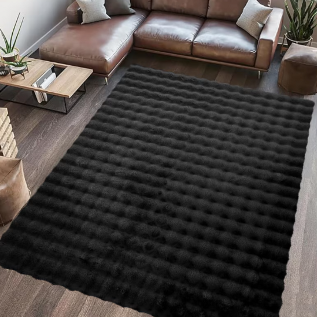 Χαλί από Συνθετική Γούνα 3D Bubble Nordic Design 180x230cm - Μαλακό και Αφράτο για Σαλόνι και Υπνοδωμάτιο, Μαύρο