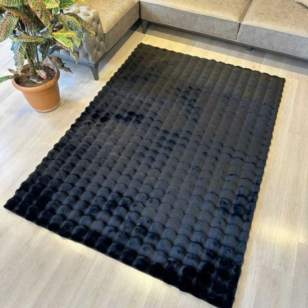 Χαλί από Συνθετική Γούνα 3D Bubble Nordic Design 180x230cm - Μαλακό και Αφράτο για Σαλόνι και Υπνοδωμάτιο, Μαύρο