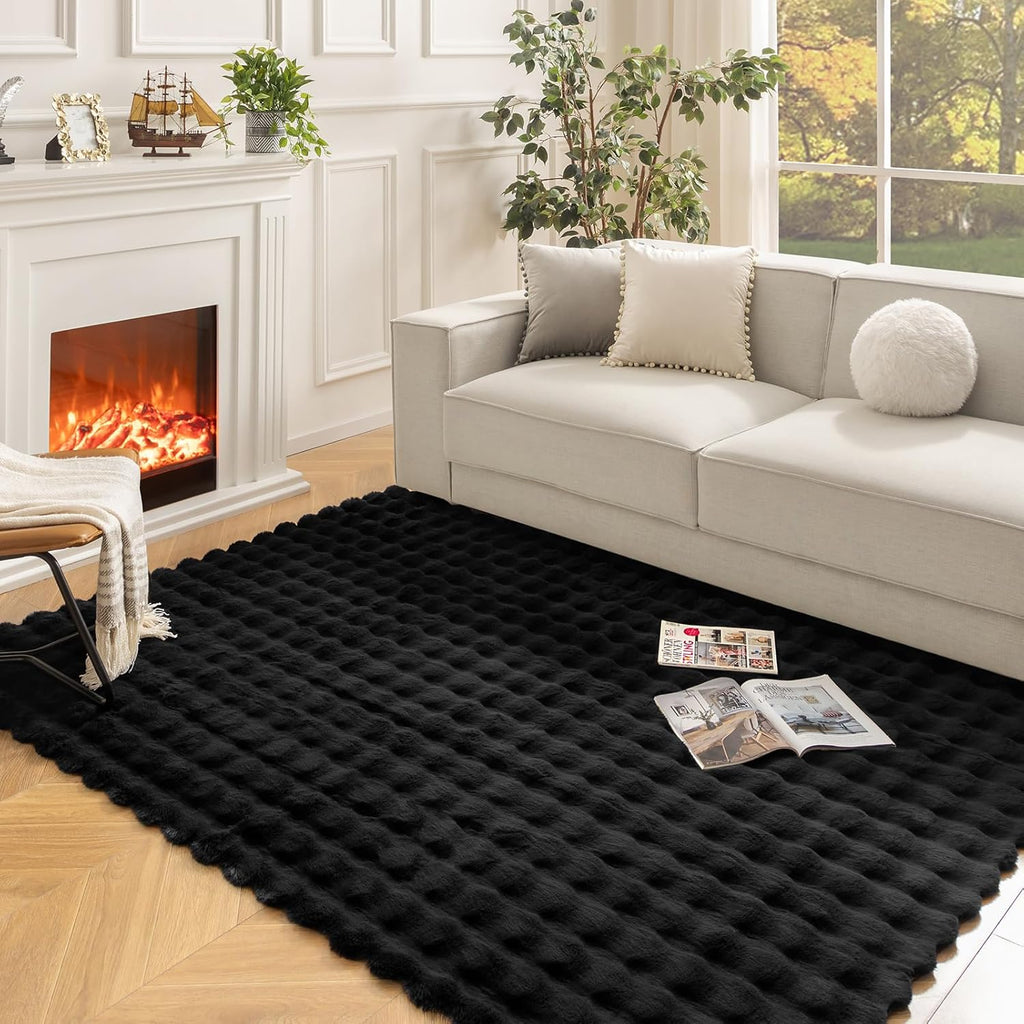 Χαλί από Συνθετική Γούνα 3D Bubble Nordic Design 180x230cm - Μαλακό και Αφράτο για Σαλόνι και Υπνοδωμάτιο, Μαύρο