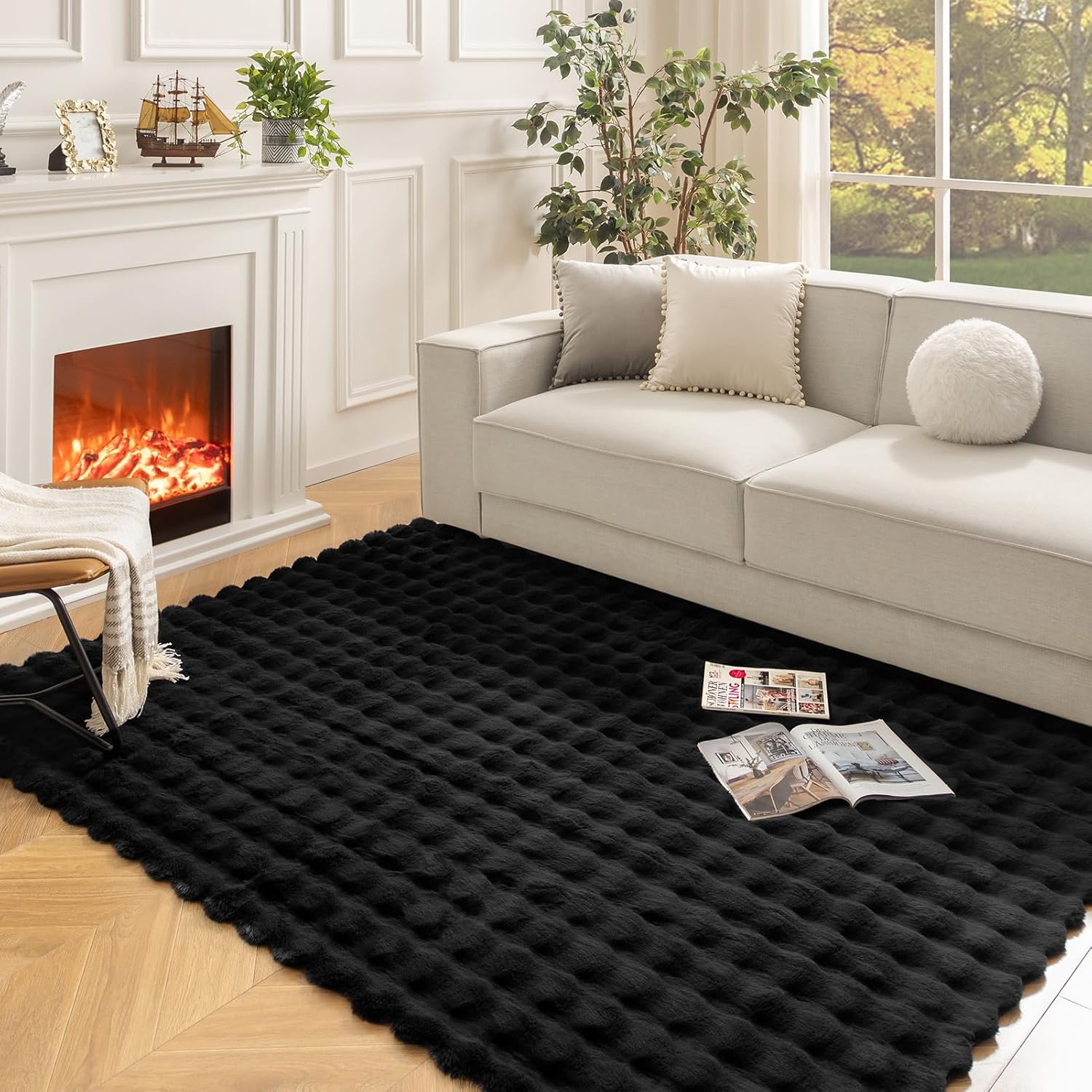Χαλί από Συνθετική Γούνα 3D Bubble Nordic Design 180x230cm - Μαλακό και Αφράτο για Σαλόνι και Υπνοδωμάτιο, Μαύρο