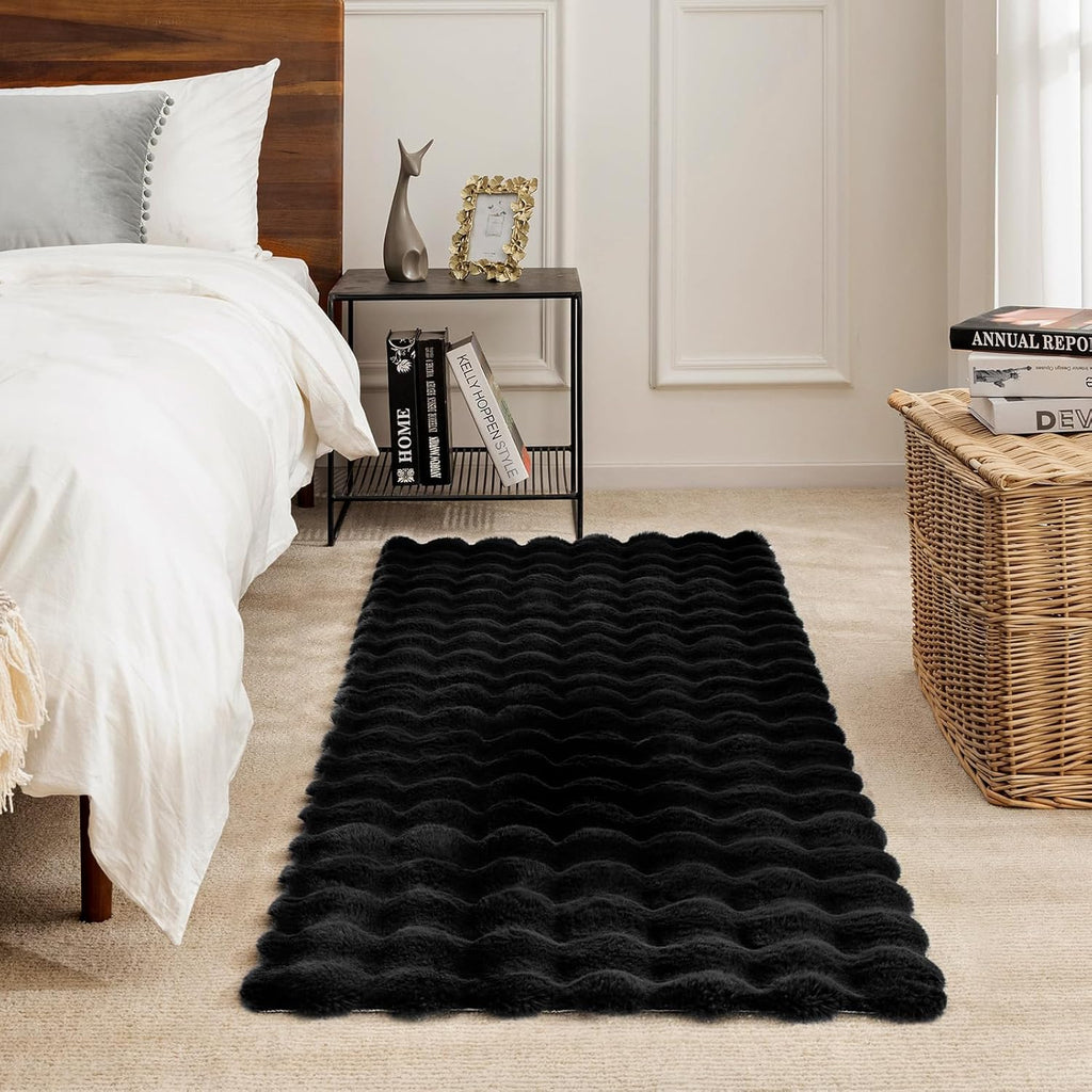 Χαλί από Συνθετική Γούνα 3D Bubble Nordic Design 180x230cm - Μαλακό και Αφράτο για Σαλόνι και Υπνοδωμάτιο, Μαύρο