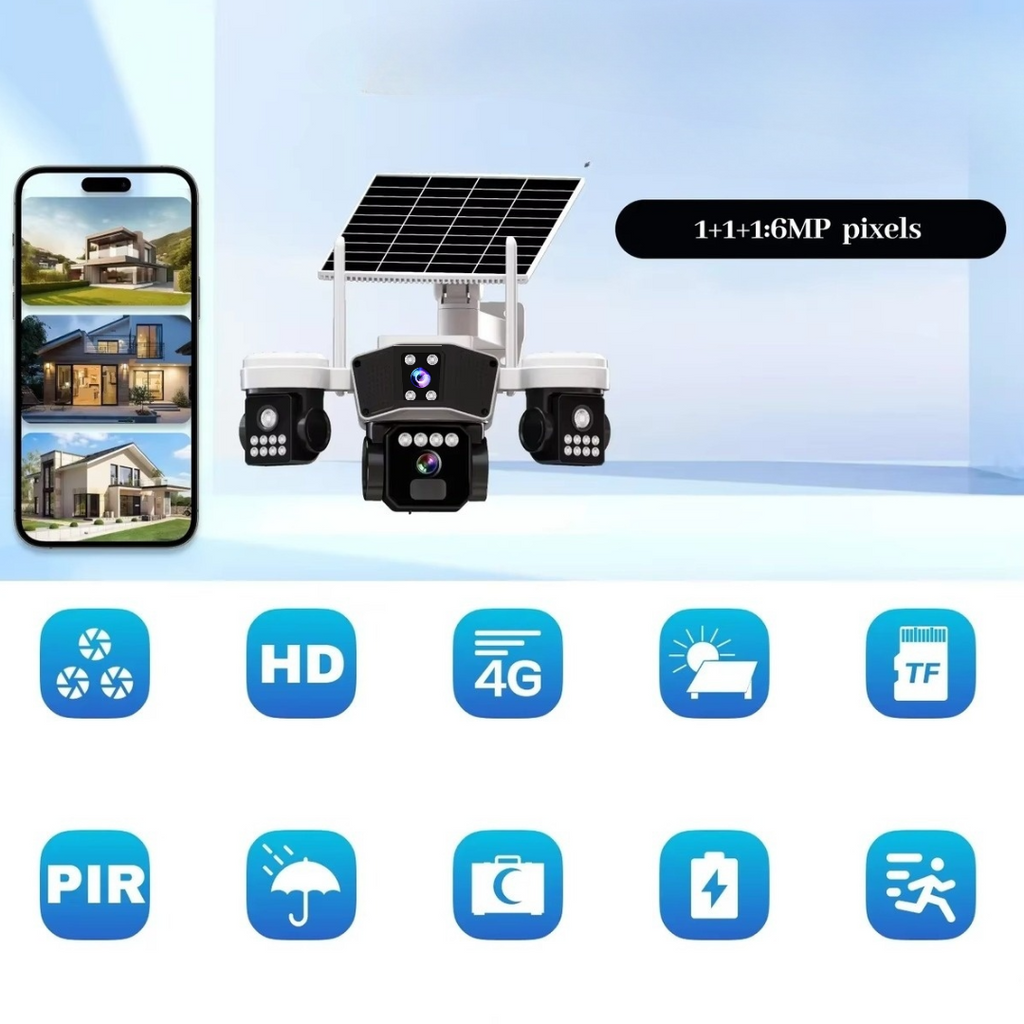 Ηλιακή Κάμερα Παρακολούθησης 4G με 3 Φακούς, Αυτόματη Περιστροφή, Έξυπνη Παρακολούθηση, Έγχρωμη Νυχτερινή Όραση, Έλεγχος Τηλεφώνου V380 Pro