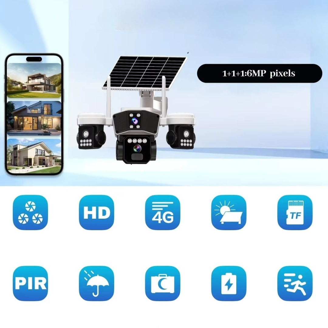 Ηλιακή Κάμερα Παρακολούθησης 4G με 3 Φακούς, Αυτόματη Περιστροφή, Έξυπνη Παρακολούθηση, Έγχρωμη Νυχτερινή Όραση, Έλεγχος Τηλεφώνου V380 Pro