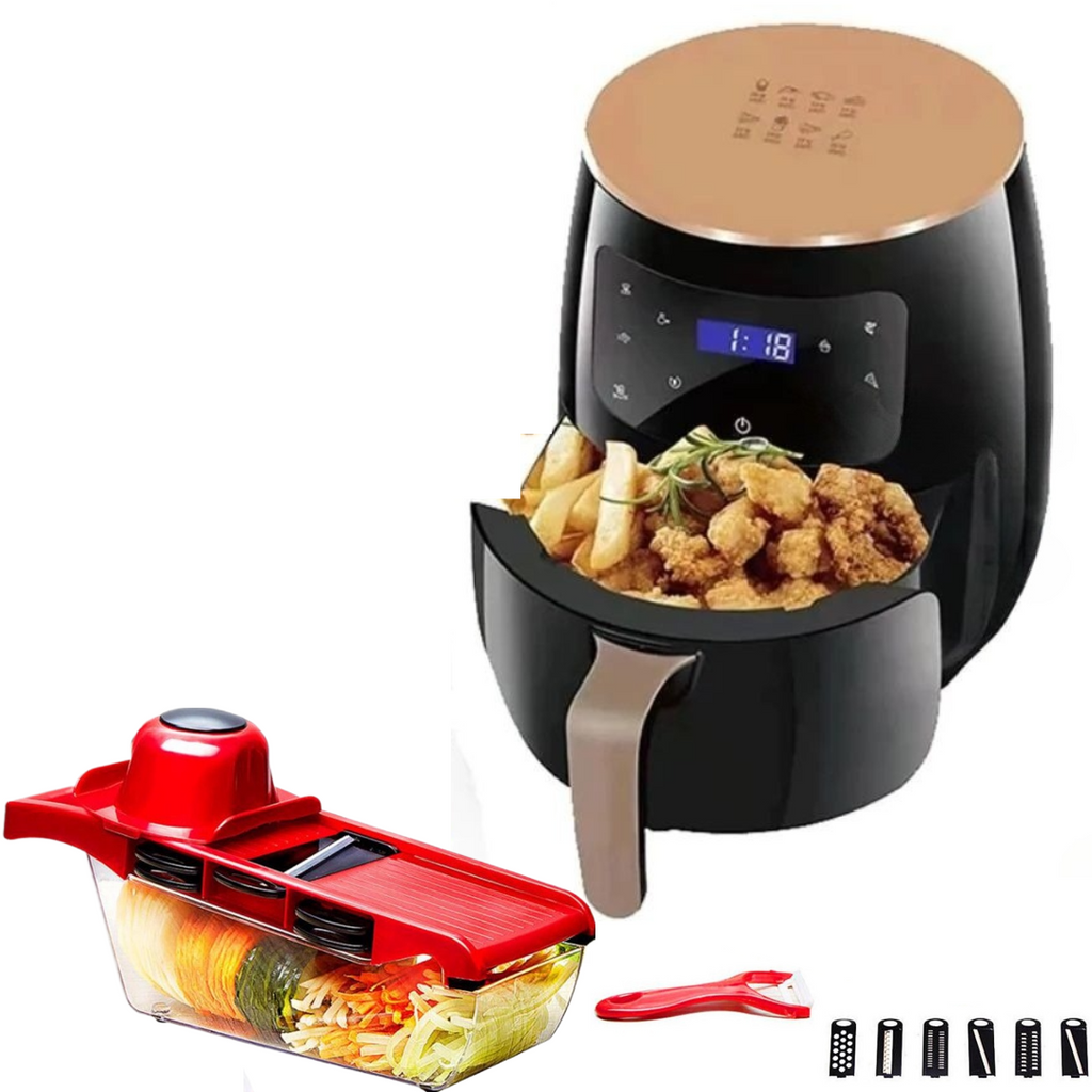 Οικονομικό Πακέτο Κουζίνας – Air Fryer 6L 2400W Φριτέζα χωρίς Λάδι με Ψηφιακή Οθόνη + Τρίφτης 6 σε 1 για Λαχανικά και Φρούτα με Δοχείο