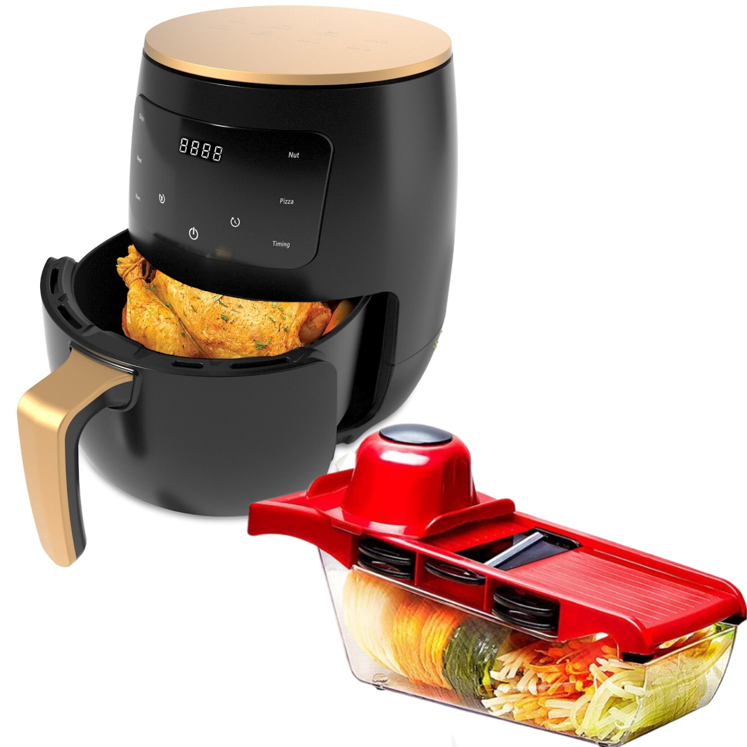 Οικονομικό Πακέτο Κουζίνας – Air Fryer 6L 2400W Φριτέζα χωρίς Λάδι με Ψηφιακή Οθόνη + Τρίφτης 6 σε 1 για Λαχανικά και Φρούτα με Δοχείο
