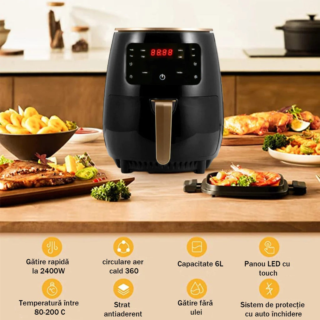 Οικονομικό Πακέτο Κουζίνας – Air Fryer 6L 2400W Φριτέζα χωρίς Λάδι με Ψηφιακή Οθόνη + Τρίφτης 6 σε 1 για Λαχανικά και Φρούτα με Δοχείο