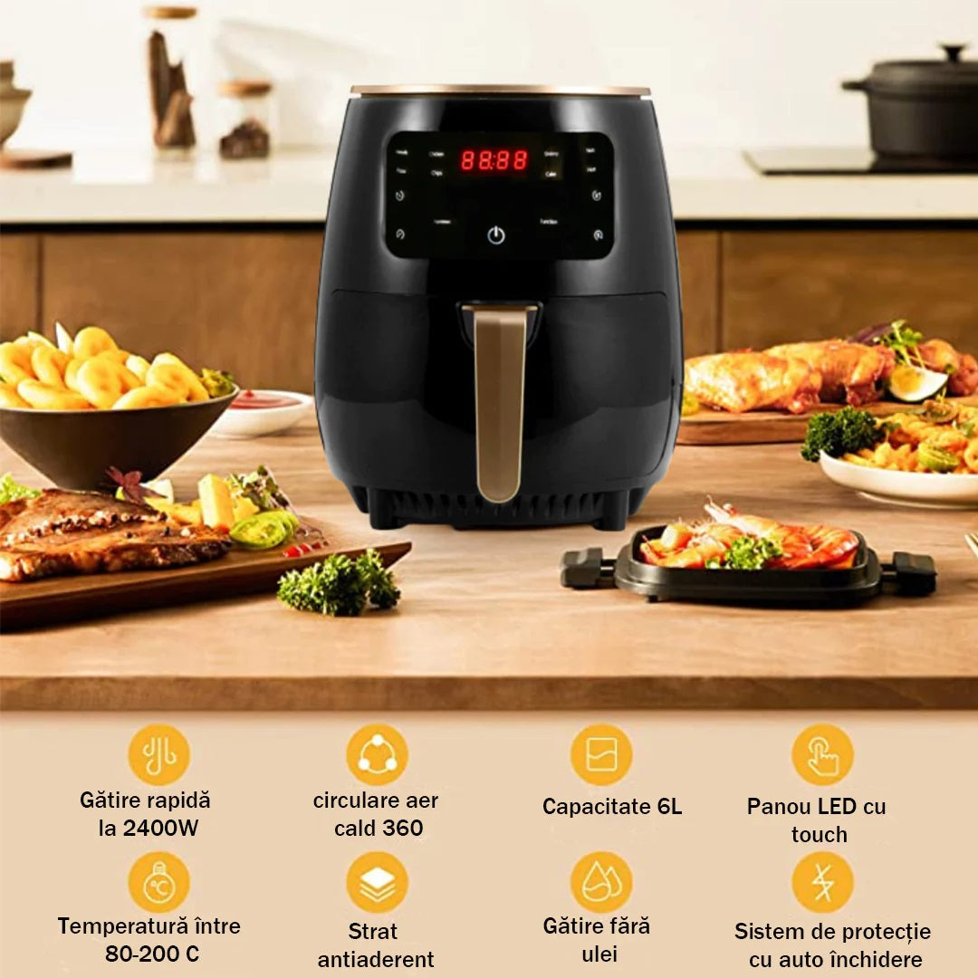 Οικονομικό Πακέτο Κουζίνας – Air Fryer 6L 2400W Φριτέζα χωρίς Λάδι με Ψηφιακή Οθόνη + Τρίφτης 6 σε 1 για Λαχανικά και Φρούτα με Δοχείο