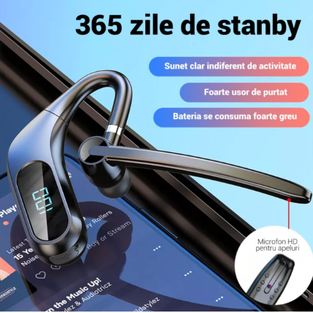 Ασύρματα ακουστικά Bluetooth KJ12, Handsfree με μικρόφωνο, περιστροφή 180°, οθόνη LED, μεγάλη αυτονομία, γρήγορη σύνδεση, εμβέλεια 10m, μαύρο