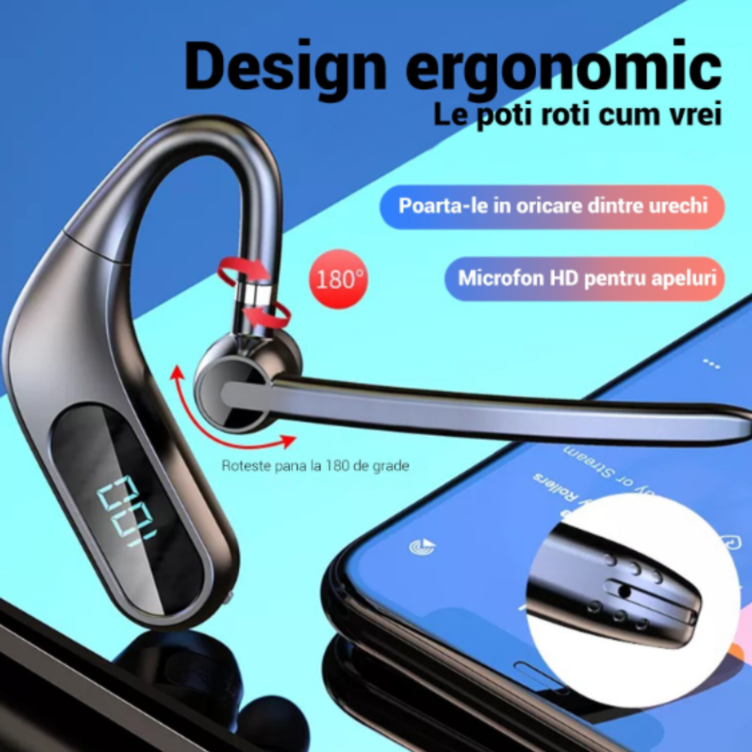 Ασύρματα ακουστικά Bluetooth KJ12, Handsfree με μικρόφωνο, περιστροφή 180°, οθόνη LED, μεγάλη αυτονομία, γρήγορη σύνδεση, εμβέλεια 10m, μαύρο