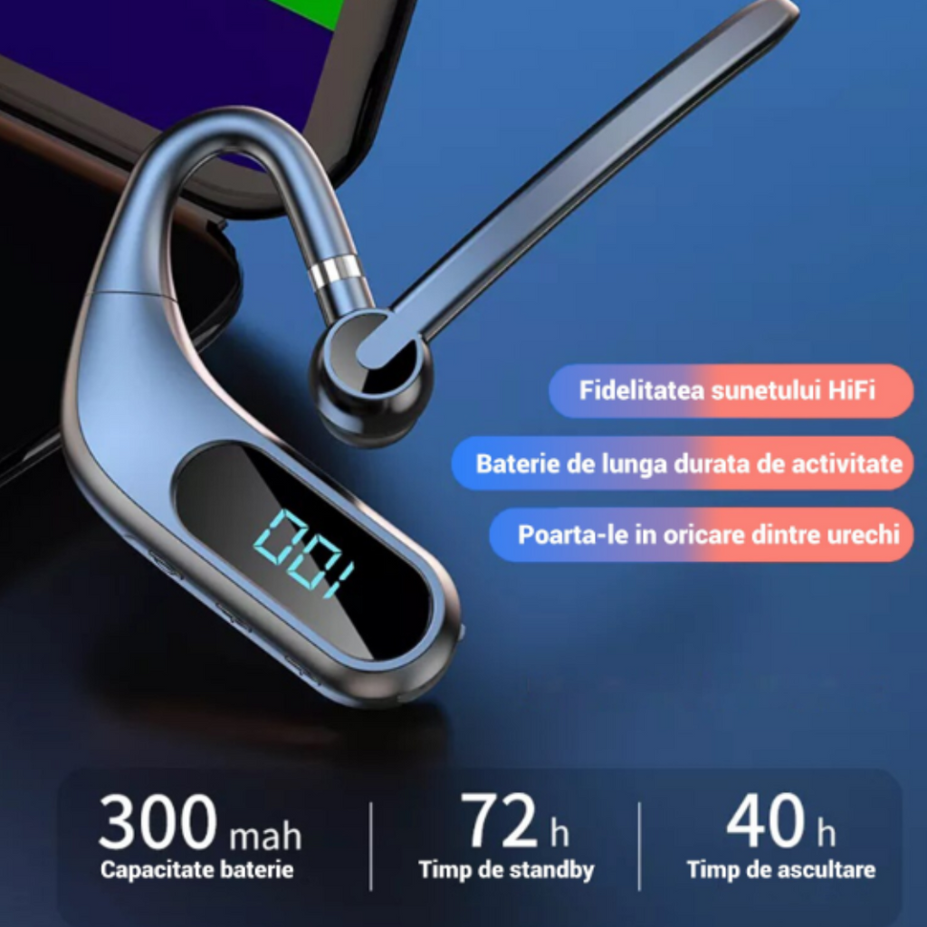 Ασύρματα ακουστικά Bluetooth KJ12, Handsfree με μικρόφωνο, περιστροφή 180°, οθόνη LED, μεγάλη αυτονομία, γρήγορη σύνδεση, εμβέλεια 10m, μαύρο