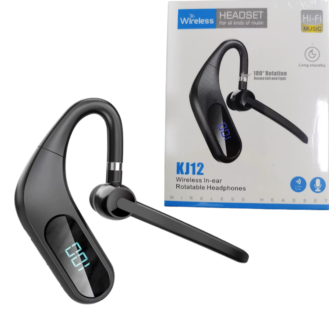 Ασύρματα ακουστικά Bluetooth KJ12, Handsfree με μικρόφωνο, περιστροφή 180°, οθόνη LED, μεγάλη αυτονομία, γρήγορη σύνδεση, εμβέλεια 10m, μαύρο