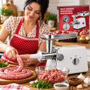 Ηλεκτρική Κρεατομηχανή 2800W, Απόδοση 120 kg/ώρα, 3 Δίσκοι, Ανοξείδωτη Λεπίδα, Λειτουργία Reverse, Εξαρτήματα για Λουκάνικα και Χυμό Ντομάτας