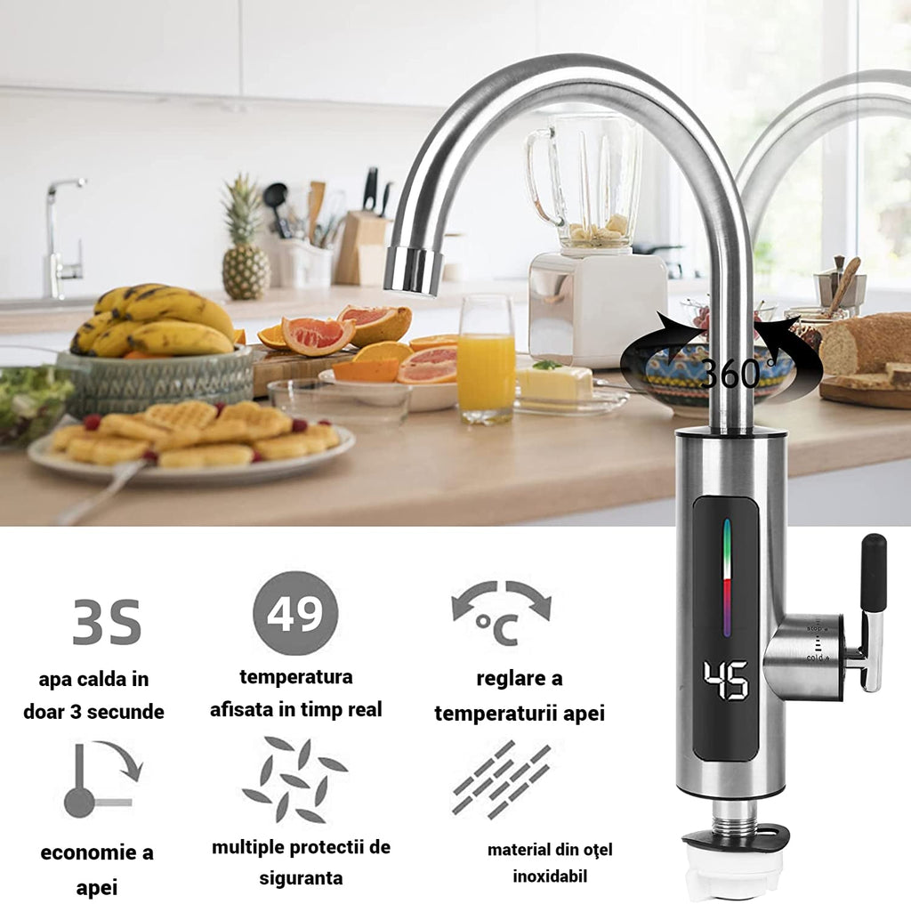 Ηλεκτρική Βρύση Άμεσης Θέρμανσης Inox 3000W - Ζεστό Νερό σε Δευτερόλεπτα, Οθόνη LED, Περιστροφή 360°